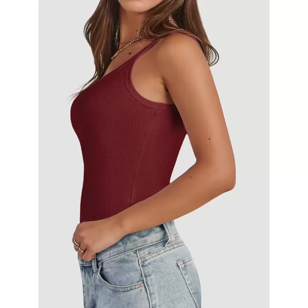 imageATHMILE Women Tank Top Sleeveless Scoop Neck Form Fitting Ribbed Knit Basic Cami Shirts2wine Redlong
