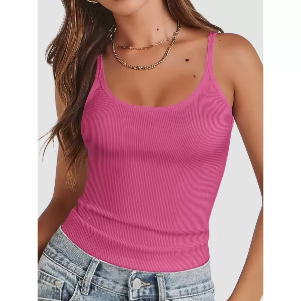 imageATHMILE Women Tank Top Sleeveless Scoop Neck Form Fitting Ribbed Knit Basic Cami Shirts2hot Pinklong
