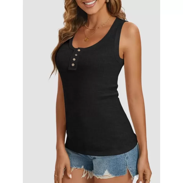 imageATHMILE Women Tank Tops Summer Casual Ribbed Sleeveless Basic Cami Top Slim Henley Button Down BlousesBlack