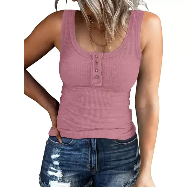 imageATHMILE Women Tank Tops Summer Casual Ribbed Sleeveless Basic Cami Top Slim Henley Button Down BlousesDarkpink