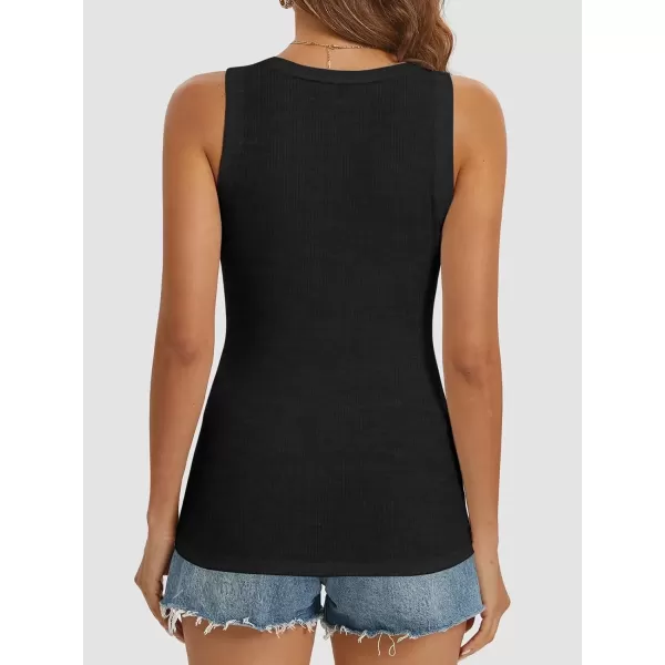 imageATHMILE Women Tank Tops Summer Casual Ribbed Sleeveless Basic Cami Top Slim Henley Button Down BlousesBlack