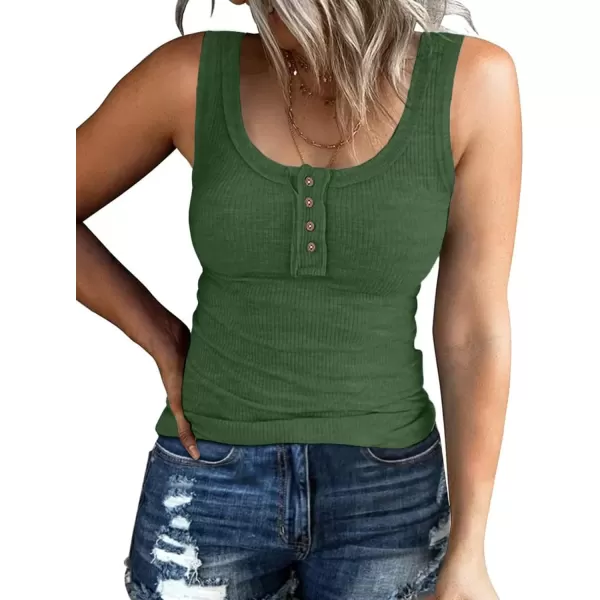 imageATHMILE Women Tank Tops Summer Casual Ribbed Sleeveless Basic Cami Top Slim Henley Button Down BlousesArmygreen