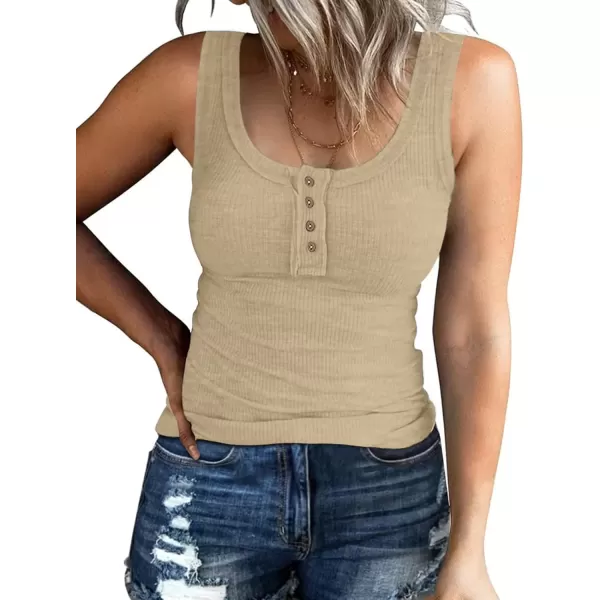 imageATHMILE Women Tank Tops Summer Casual Ribbed Sleeveless Basic Cami Top Slim Henley Button Down BlousesKhaki