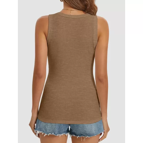 imageATHMILE Women Tank Tops Summer Casual Ribbed Sleeveless Basic Cami Top Slim Henley Button Down BlousesCoffeegrey
