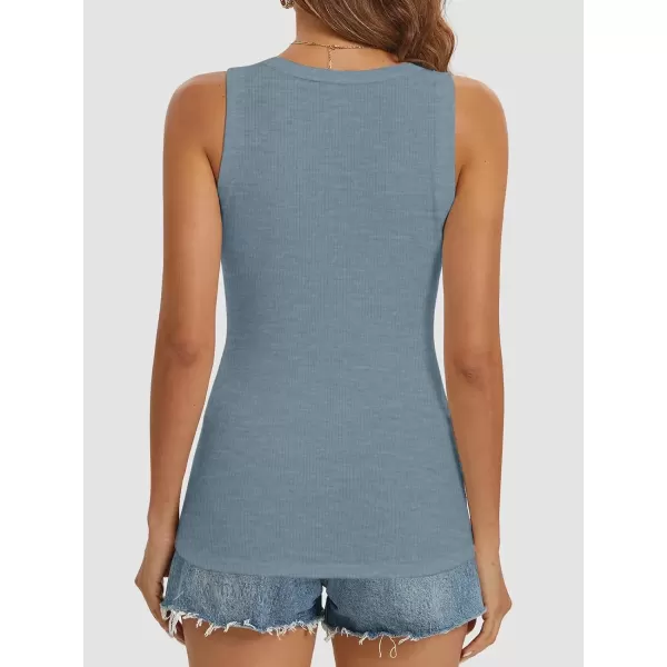 imageATHMILE Women Tank Tops Summer Casual Ribbed Sleeveless Basic Cami Top Slim Henley Button Down BlousesHazeblue