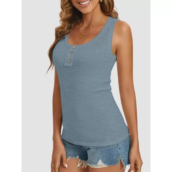 imageATHMILE Women Tank Tops Summer Casual Ribbed Sleeveless Basic Cami Top Slim Henley Button Down BlousesHazeblue