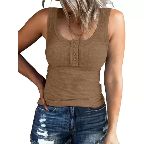 imageATHMILE Women Tank Tops Summer Casual Ribbed Sleeveless Basic Cami Top Slim Henley Button Down BlousesCoffeegrey