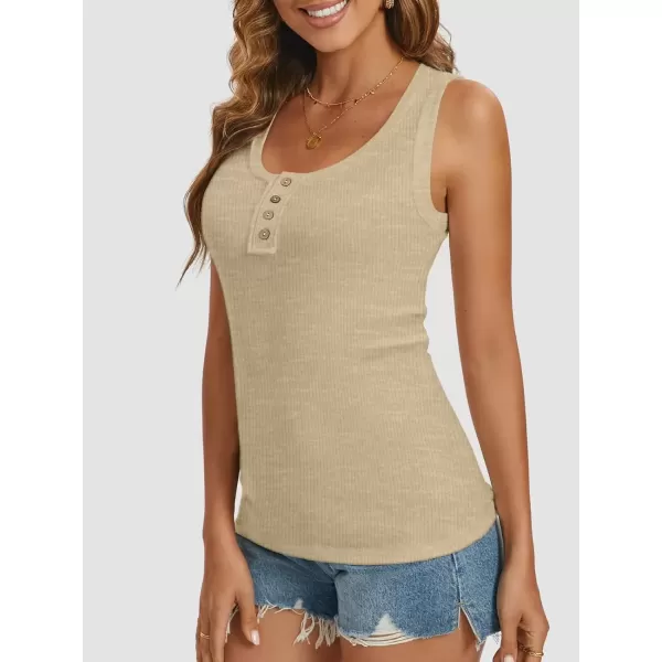 imageATHMILE Women Tank Tops Summer Casual Ribbed Sleeveless Basic Cami Top Slim Henley Button Down BlousesKhaki