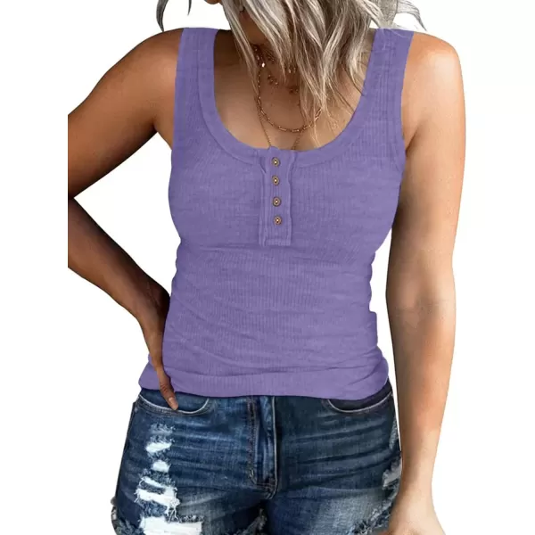 imageATHMILE Women Tank Tops Summer Casual Ribbed Sleeveless Basic Cami Top Slim Henley Button Down BlousesPurple