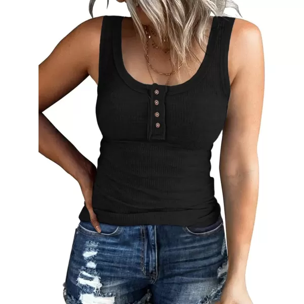 imageATHMILE Women Tank Tops Summer Casual Ribbed Sleeveless Basic Cami Top Slim Henley Button Down BlousesBlack