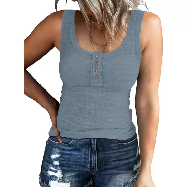 imageATHMILE Women Tank Tops Summer Casual Ribbed Sleeveless Basic Cami Top Slim Henley Button Down BlousesHazeblue