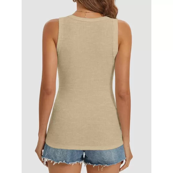 imageATHMILE Women Tank Tops Summer Casual Ribbed Sleeveless Basic Cami Top Slim Henley Button Down BlousesKhaki