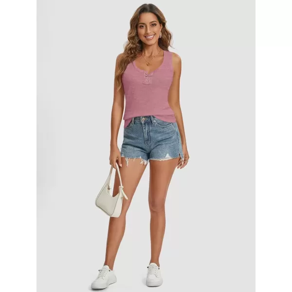 imageATHMILE Women Tank Tops Summer Casual Ribbed Sleeveless Basic Cami Top Slim Henley Button Down BlousesDarkpink