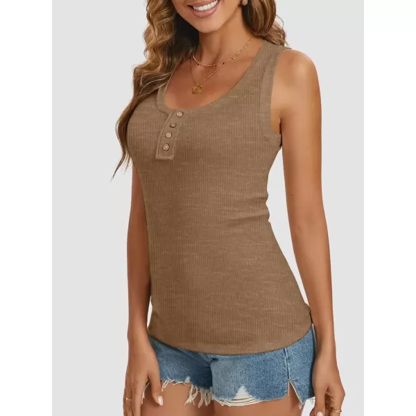 imageATHMILE Women Tank Tops Summer Casual Ribbed Sleeveless Basic Cami Top Slim Henley Button Down BlousesCoffeegrey