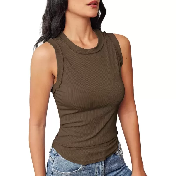 imageATHMILE Women Tank Tops Summer Sleeveless Basic Cami Top Shirt Slim Knit Ribbed RacerbackBrown