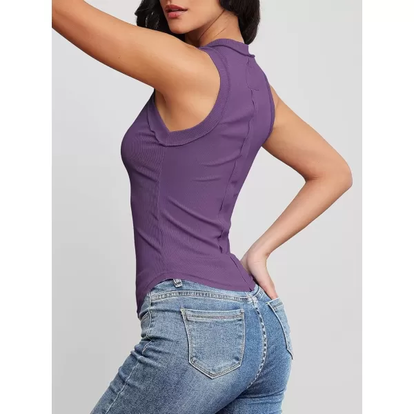 imageATHMILE Women Tank Tops Summer Sleeveless Basic Cami Top Shirt Slim Knit Ribbed RacerbackPurple