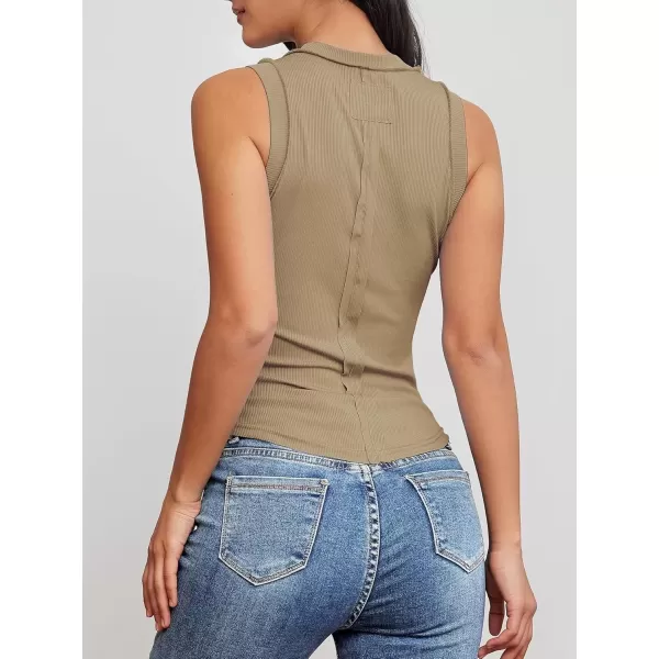 imageATHMILE Women Tank Tops Summer Sleeveless Basic Cami Top Shirt Slim Knit Ribbed RacerbackBeige
