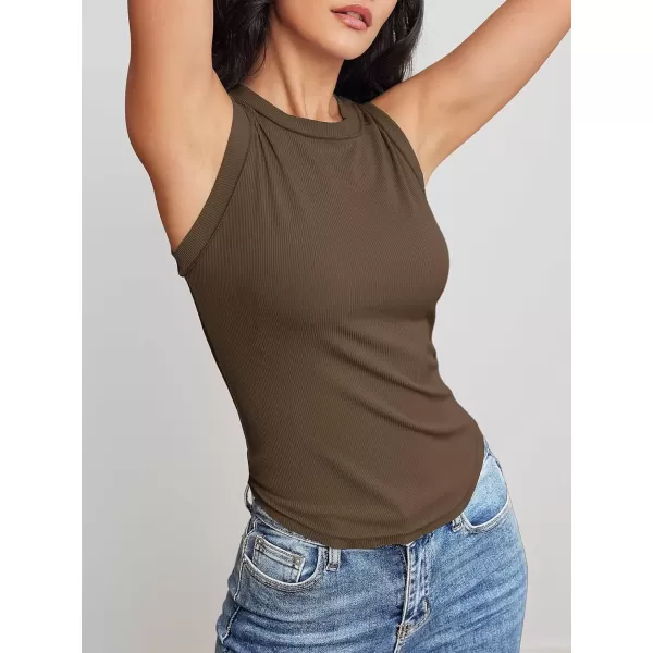 imageATHMILE Women Tank Tops Summer Sleeveless Basic Cami Top Shirt Slim Knit Ribbed RacerbackBrown
