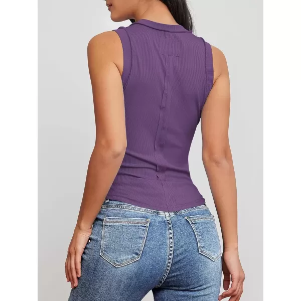 imageATHMILE Women Tank Tops Summer Sleeveless Basic Cami Top Shirt Slim Knit Ribbed RacerbackPurple