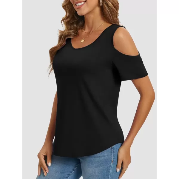 imageATHMILE Women Tops Cute Open Shoulder Blouse Summer Short Sleeve Tee ShirtBlack