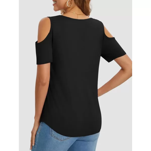 imageATHMILE Women Tops Cute Open Shoulder Blouse Summer Short Sleeve Tee ShirtBlack