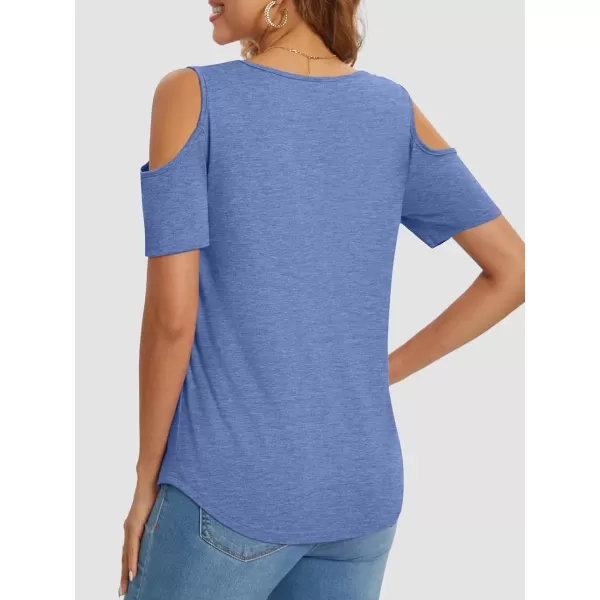 imageATHMILE Women Tops Cute Open Shoulder Blouse Summer Short Sleeve Tee ShirtBlue