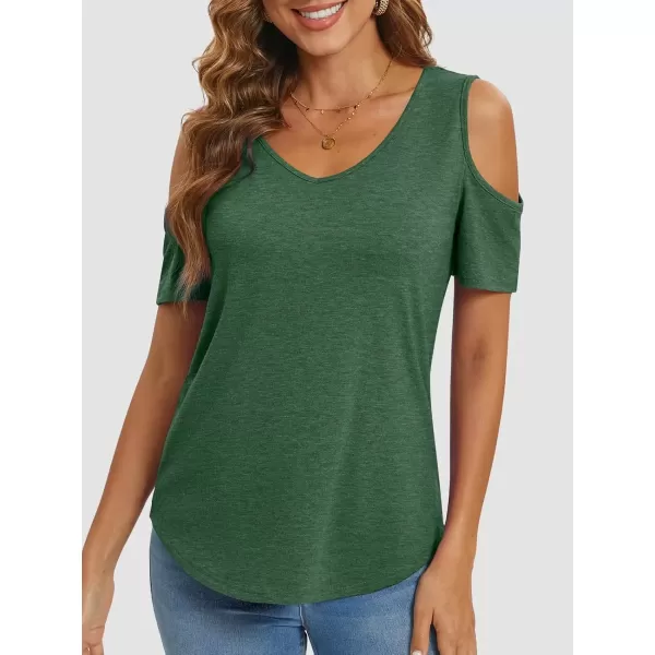 imageATHMILE Women Tops Cute Open Shoulder Blouse Summer Short Sleeve Tee ShirtDark Green