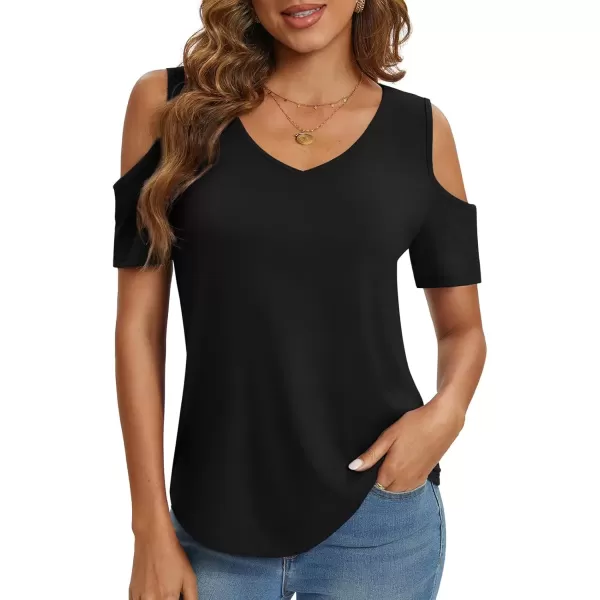 imageATHMILE Women Tops Cute Open Shoulder Blouse Summer Short Sleeve Tee ShirtBlack