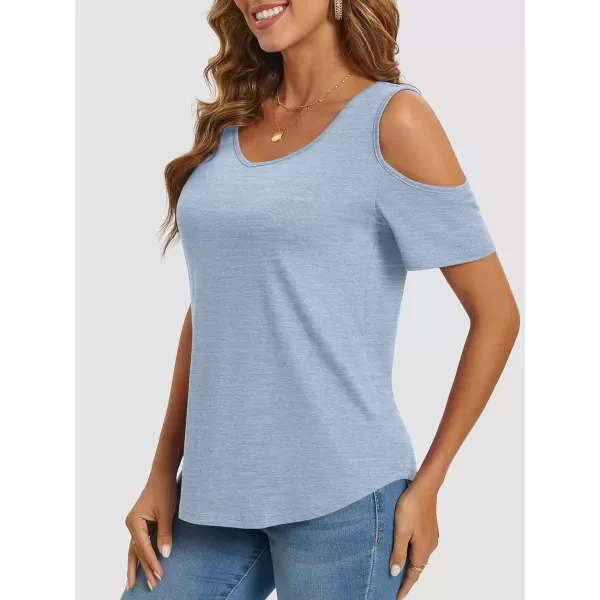 imageATHMILE Women Tops Cute Open Shoulder Blouse Summer Short Sleeve Tee ShirtIce Blue