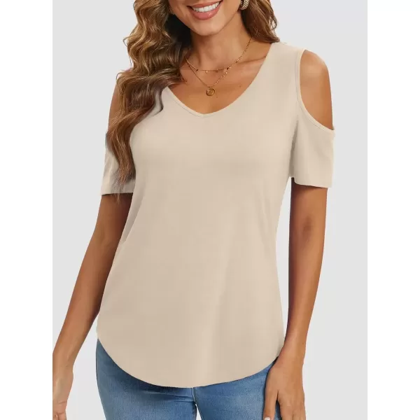 imageATHMILE Women Tops Cute Open Shoulder Blouse Summer Short Sleeve Tee ShirtCream