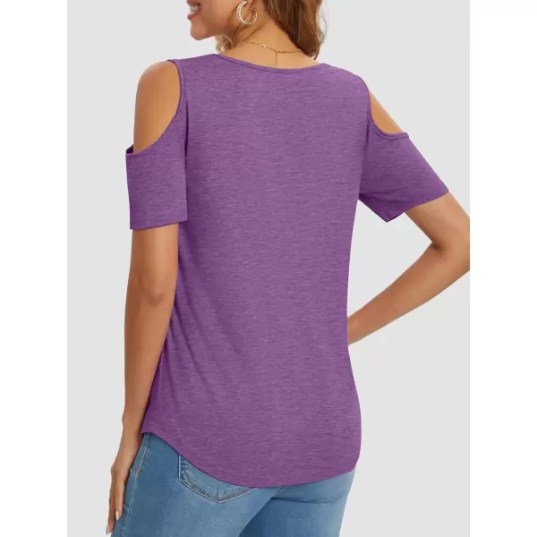 imageATHMILE Women Tops Cute Open Shoulder Blouse Summer Short Sleeve Tee ShirtPurple