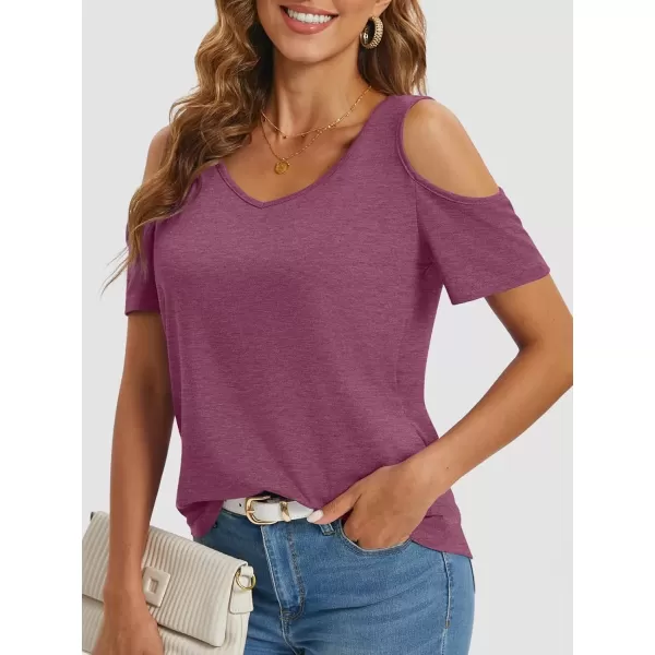 imageATHMILE Women Tops Cute Open Shoulder Blouse Summer Short Sleeve Tee ShirtPurple Red