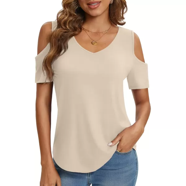 imageATHMILE Women Tops Cute Open Shoulder Blouse Summer Short Sleeve Tee ShirtCream