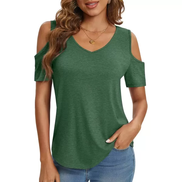 imageATHMILE Women Tops Cute Open Shoulder Blouse Summer Short Sleeve Tee ShirtDark Green