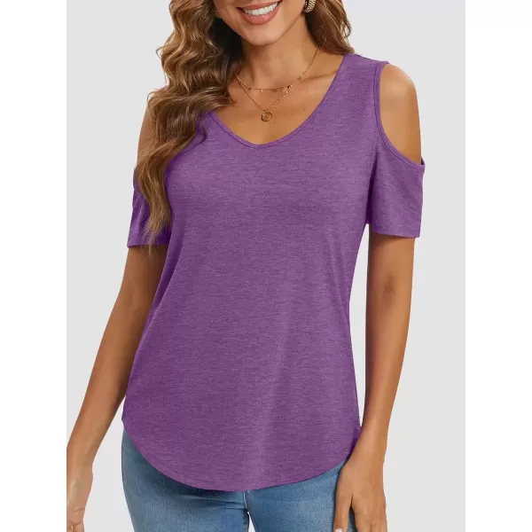 imageATHMILE Women Tops Cute Open Shoulder Blouse Summer Short Sleeve Tee ShirtPurple