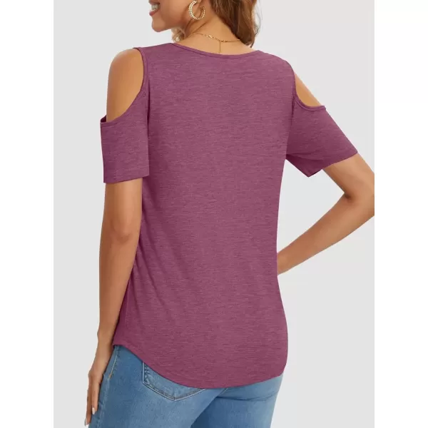 imageATHMILE Women Tops Cute Open Shoulder Blouse Summer Short Sleeve Tee ShirtPurple Red