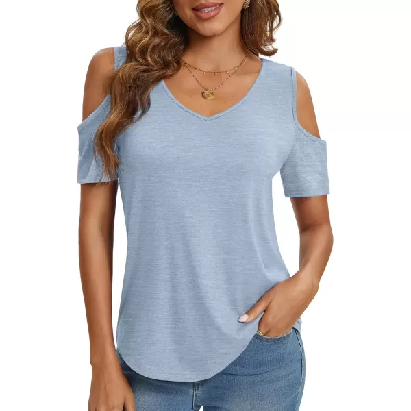 imageATHMILE Women Tops Cute Open Shoulder Blouse Summer Short Sleeve Tee ShirtIce Blue