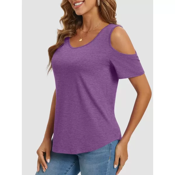 imageATHMILE Women Tops Cute Open Shoulder Blouse Summer Short Sleeve Tee ShirtPurple
