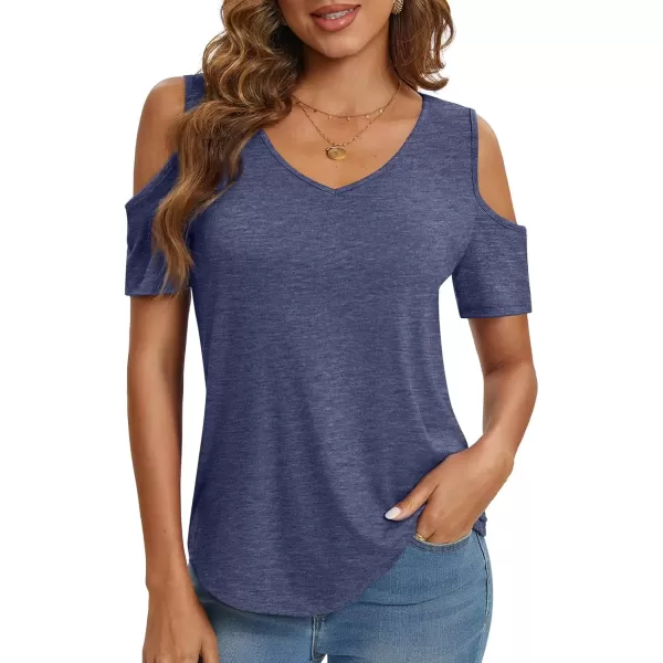 imageATHMILE Women Tops Cute Open Shoulder Blouse Summer Short Sleeve Tee ShirtNavy