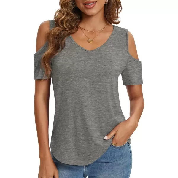 imageATHMILE Women Tops Cute Open Shoulder Blouse Summer Short Sleeve Tee ShirtGray
