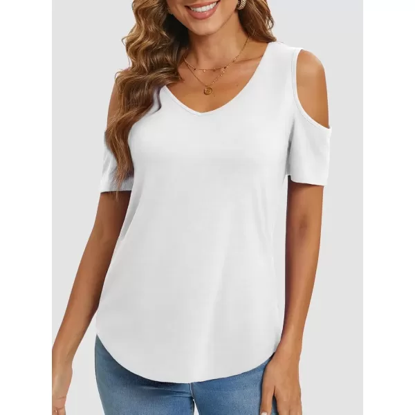 imageATHMILE Women Tops Cute Open Shoulder Blouse Summer Short Sleeve Tee ShirtWhite