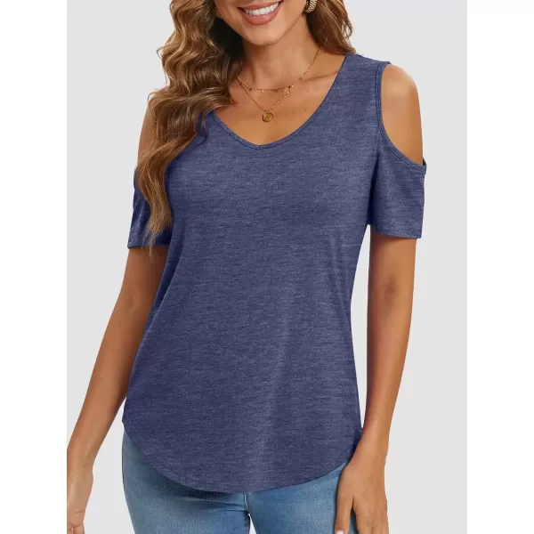 imageATHMILE Women Tops Cute Open Shoulder Blouse Summer Short Sleeve Tee ShirtNavy