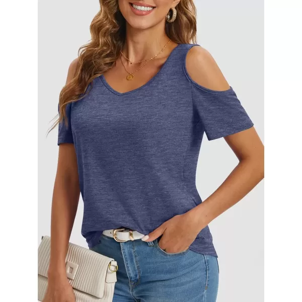 imageATHMILE Women Tops Cute Open Shoulder Blouse Summer Short Sleeve Tee ShirtNavy