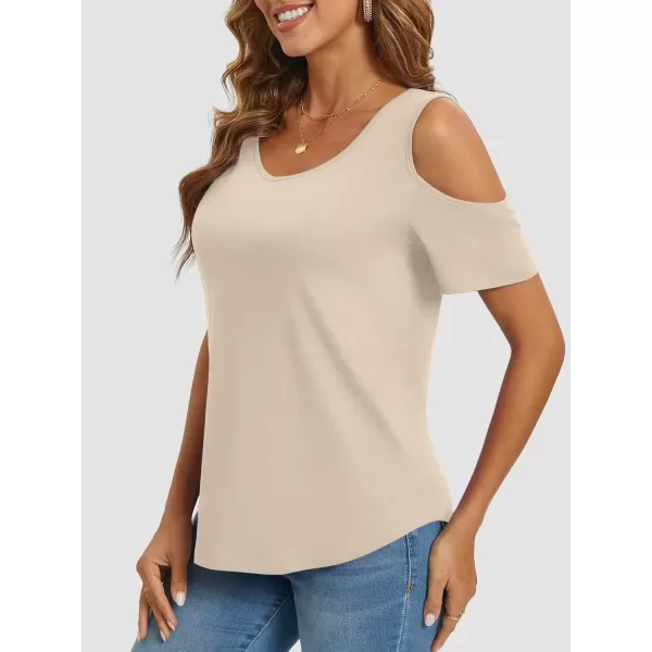 imageATHMILE Women Tops Cute Open Shoulder Blouse Summer Short Sleeve Tee ShirtCream