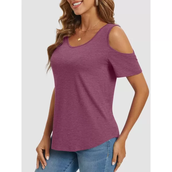 imageATHMILE Women Tops Cute Open Shoulder Blouse Summer Short Sleeve Tee ShirtPurple Red