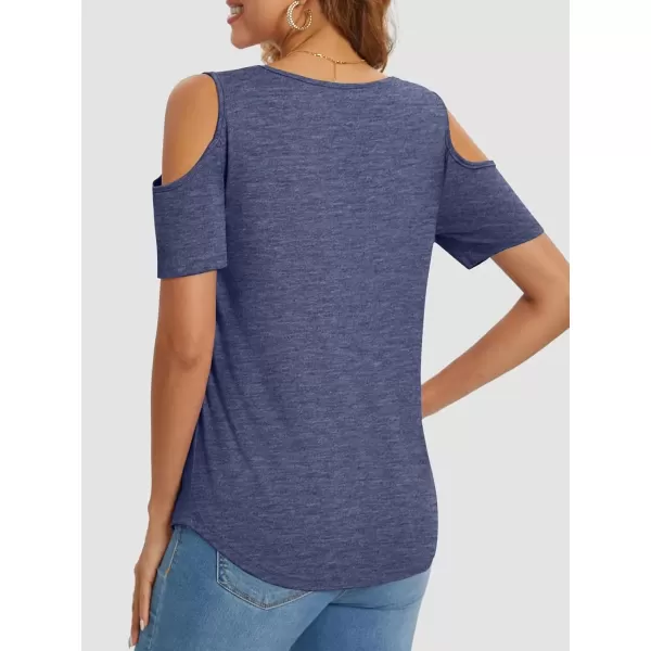 imageATHMILE Women Tops Cute Open Shoulder Blouse Summer Short Sleeve Tee ShirtNavy