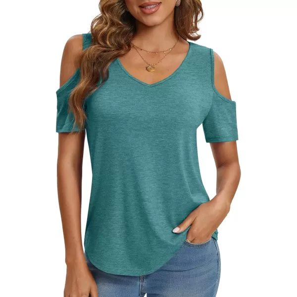 imageATHMILE Women Tops Cute Open Shoulder Blouse Summer Short Sleeve Tee ShirtBlue Green