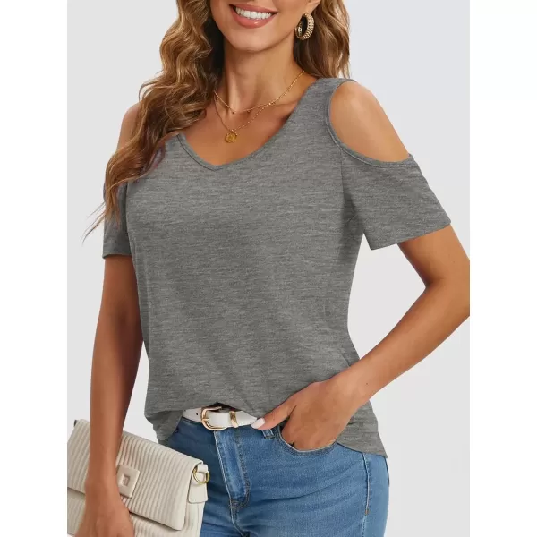 imageATHMILE Women Tops Cute Open Shoulder Blouse Summer Short Sleeve Tee ShirtGray