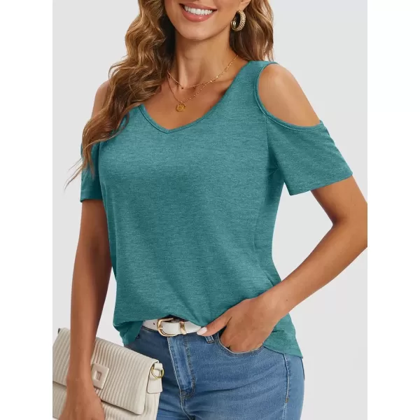 imageATHMILE Women Tops Cute Open Shoulder Blouse Summer Short Sleeve Tee ShirtBlue Green