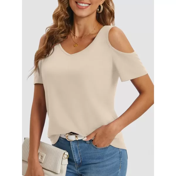 imageATHMILE Women Tops Cute Open Shoulder Blouse Summer Short Sleeve Tee ShirtCream